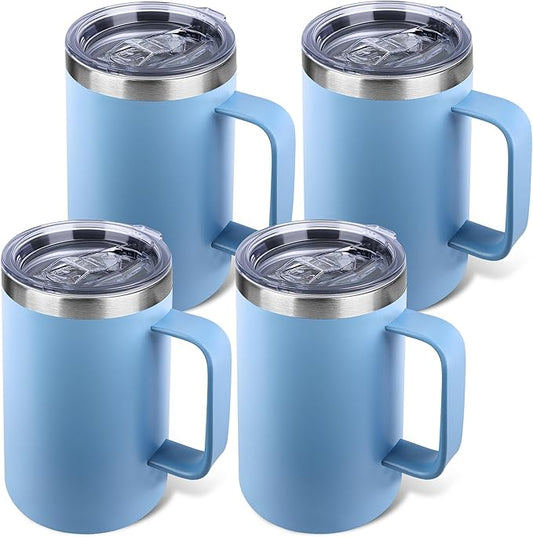 Zynkify 22oz Insulated Coffee Mug with Handle & Leak-Proof Lid - Double Wall Stainless Steel Travel Tumbler Bulk for Commute/Office/Home, Blue, 4 Pack