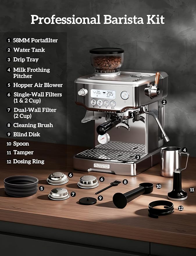Espresso Machine, 4-IN-1 Professional 58MM Espresso Machine with Grinder 5 Temp Adjust & Compact Espresso Maker 15 Bar with Powerful Milk Frother, One-Touch Americano/Espresso, Stainless Steel