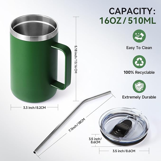 Volhoply 16oz Insulated Coffee Mug with Lid and Straw, Stainless Steel Travel Mugs with Handle, Double Wall Vacuum Leak Proof Coffee Tumbler Cup (Assort Color,2)