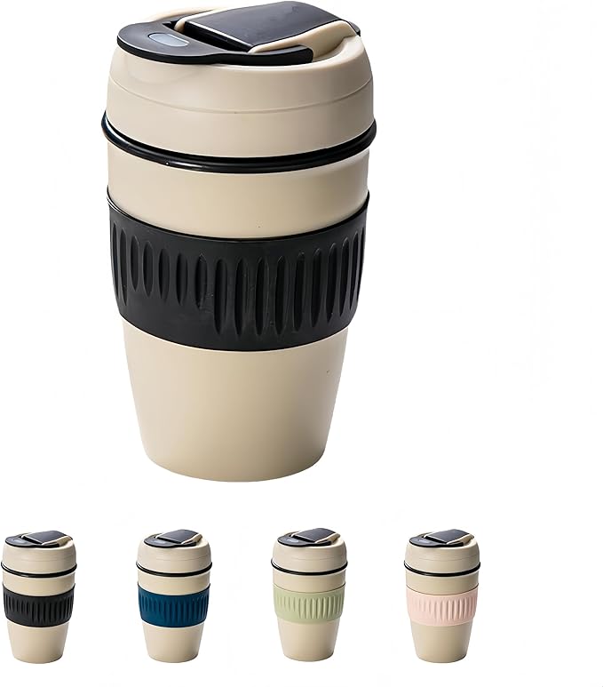 12oz Portable Vacuum Insulated Coffee Mug with Ceramic Inner, for Coffee, Flower Tea, Milk & Juice, Dual - Drinking, Leak - Proof (Black)
