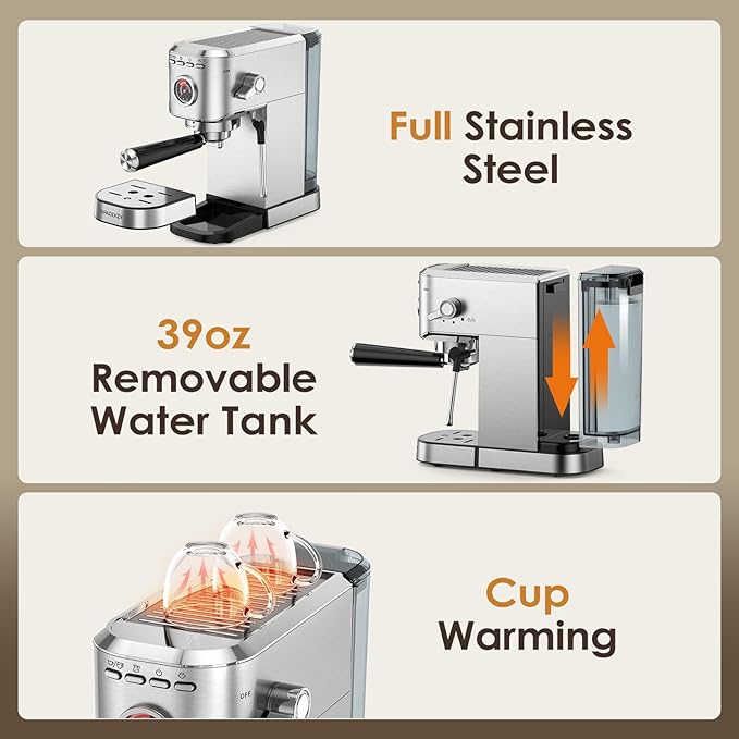 Spacekey Espresso Machine 20 Bar, 1350W Expresso Coffee Machines with Milk Frother, Compact Stainless Steel Espresso Maker with 39oz Removable Water Tank for Cappuccino, Latte, Americano, Silver