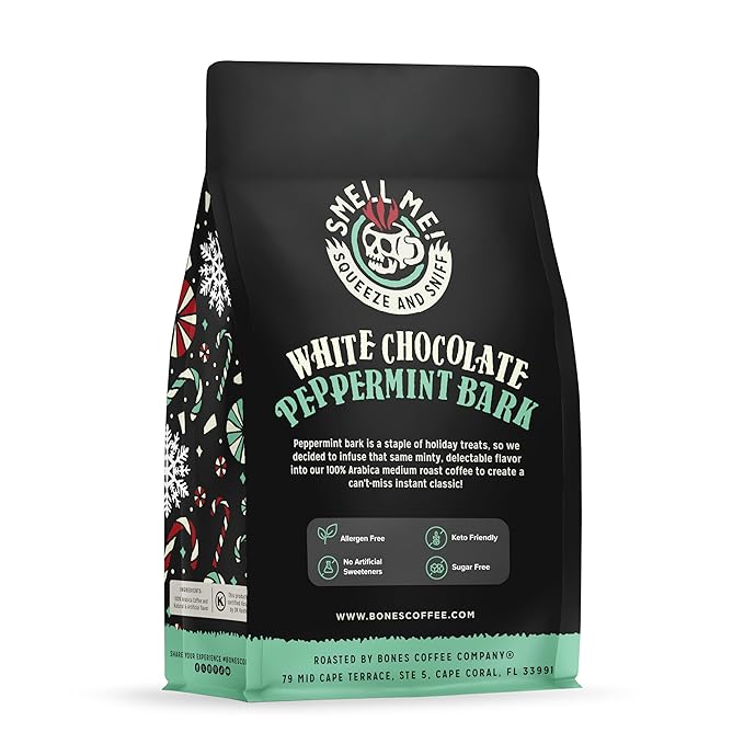 Bones Coffee Company White Chocolate Peppermint Bark Flavored Coffee, Medium Roast Low Acid Arabica Beans Compatible with Auto drip and French Press Coffee Maker, 12 Oz Ground
