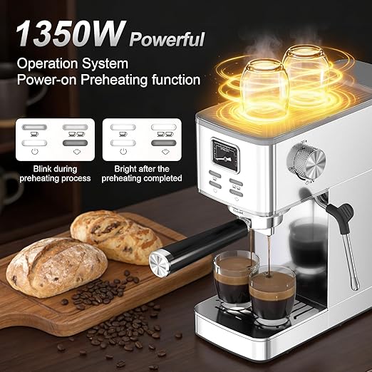 Espresso Machine 20 Bar, Compact Espresso Coffee Machine with Steam Milk Frother & 47oz Removable Water Tank, Hot Water Function for Home Cappuccino, Latte