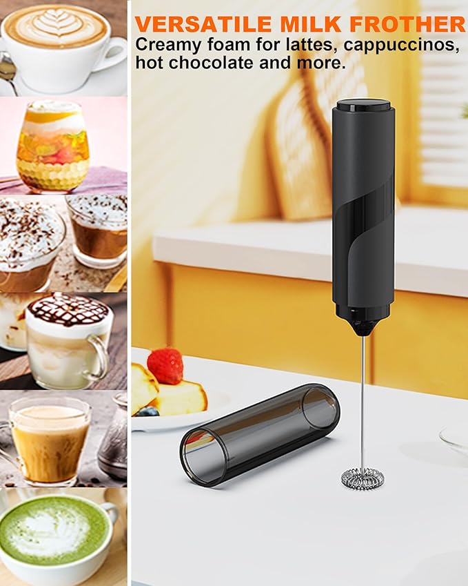 Soenglyun Handheld Milk Frother with Cover, Battery Operated Drink Mixer Handheld Easy to Carry Electric Frother Wand For Coffee, Latte, Cappuccino, Frappe Drink, Hot Chocolate, Black