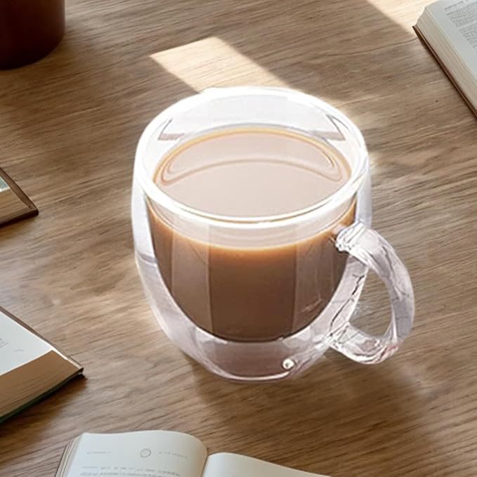 Espresso Cups, 4 Pcs Double Walled Glass Coffee Mugs 5.07 Oz Coffee Mug Clear Glass Espresso Cups Heat-Resistant with Secure Grip Perfect for Tea Milk and Juice, Mug