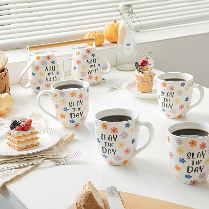 MVYAVYUS 16OZ Ceramic Slay the Day Coffee Mugs Set, Large Colorful Coffee Cups with Handles for Milk, Tea, Latte, Mocha, Cocoa, Cappuccino, Porcelain Cups Gift for Holiday or Anniversary (4PCS)