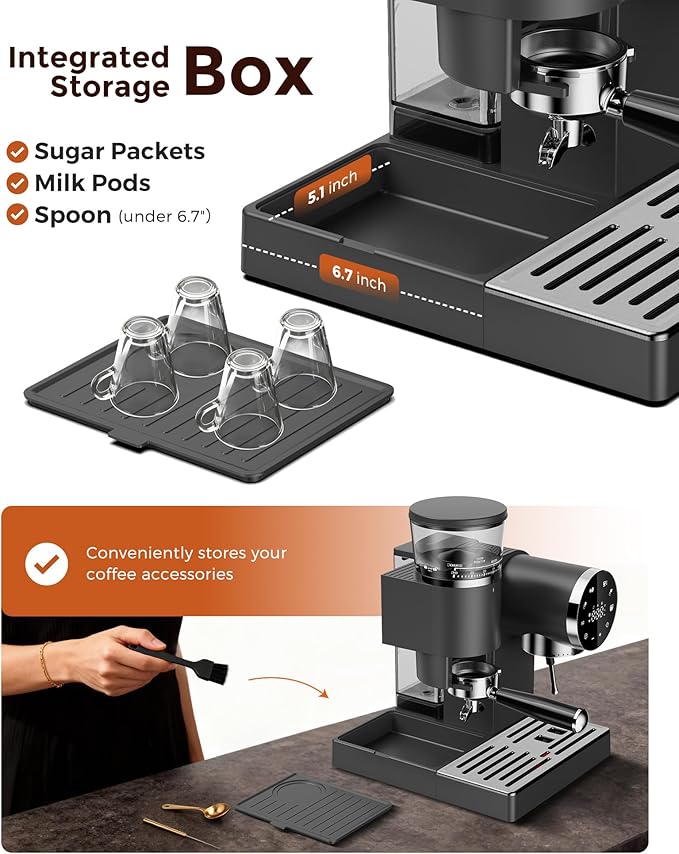 20 Bar Espresso Machine | LED Screen Touch Control | 6 Level Adjustable Grinder | Drip Coffee & Cold Brew, Milk Frother, Assisted Tamper & Built-In Accessory Storage Box | 50oz Tank