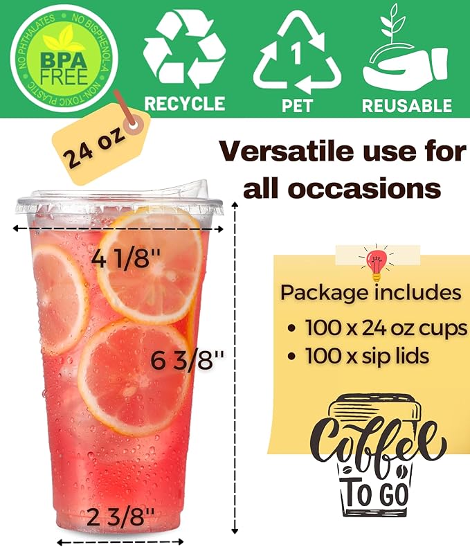 100 Pack 24 oz Clear Plastic Cups with Strawless-Sip-Lids, Disposable Cups Plastic Iced Coffee Cups, To Go Cups with Sip Through Lids for Smoothie, Milkshake, Cold Drinks for Party, Wedding, Event