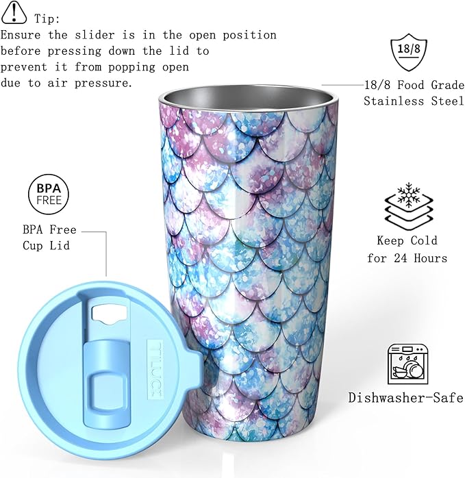 TILUCK 20 oz Tumbler with Lid, Vacuum Insulated Stainless Steel Coffee Mug, Double-Walled Travel Tumbler for Hot and Cold Drinks(FishScales, 20oz)