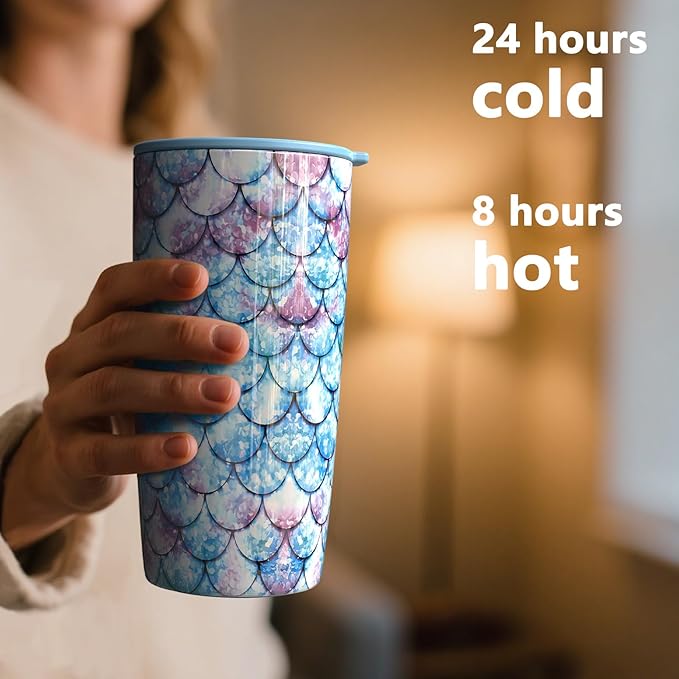 TILUCK 20 oz Tumbler with Lid, Vacuum Insulated Stainless Steel Coffee Mug, Double-Walled Travel Tumbler for Hot and Cold Drinks(FishScales, 20oz)