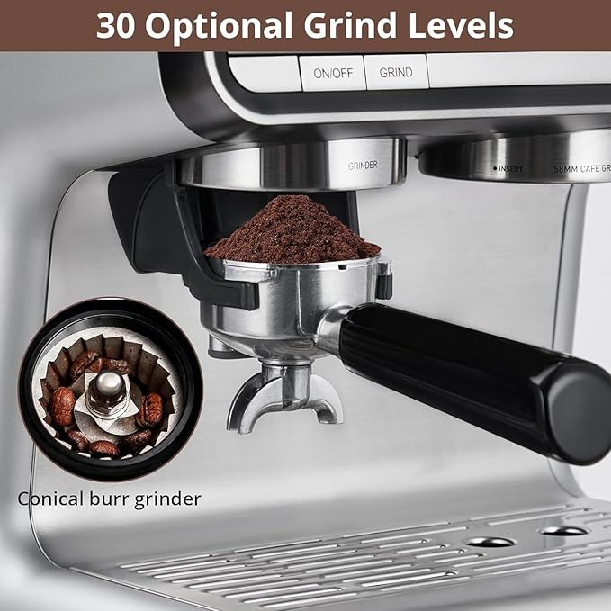 Semi-Automatic Espresso Machine, 20 Bar Professional Coffee Maker with Grinder, 1450W Fast Heating, 30 Grind Settings, Milk Frother Steam Wand, 2.8L Water Tank, Home & Kitchen Espresso Machines, Gray