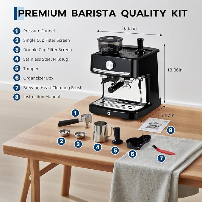 Espresso Machine with Grinder & Milk Frother,20 Bar Professional Espresso Coffee Maker with Removable Water Tank,Steam Wand,for Home Use,Latte,Espresso,Cappuccino,Black