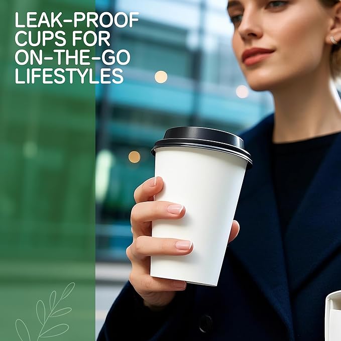 12 oz Coffee Cups with Lids 100 Pack, White Leak-Proof Disposable Coffee Cups for Hot/Cold Beverages, Party Supplies, To-Go Paper Cups for Coffee, Tea, Office, Picnic