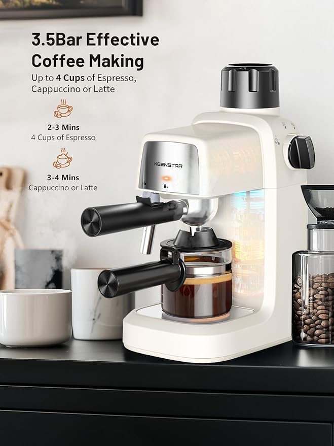KEENSTAR 3.5Bar Espresso Machine with Milk Frother, 800W Compact Espresso and Cappuccino Machine with Preheating Function, 4 Cup Espresso Maker for Cappuccino or Latte, Gift for Coffee Lover