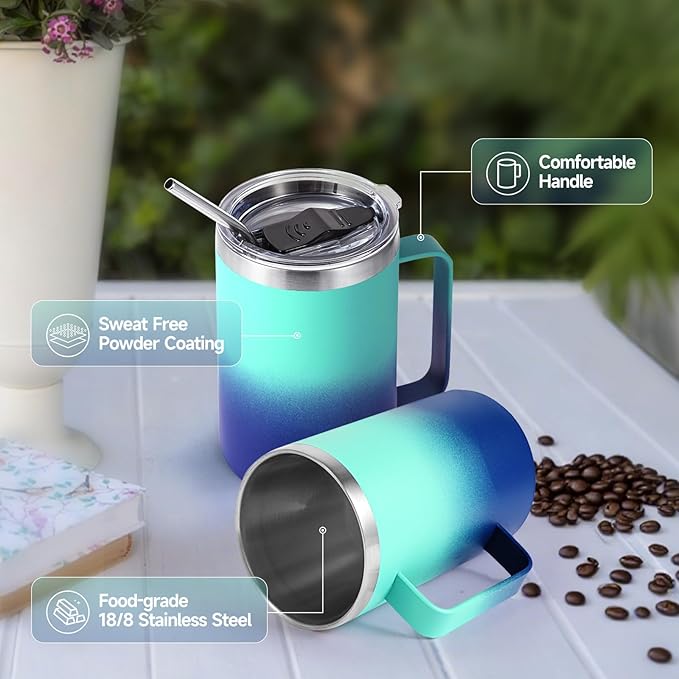 Volhoply 16oz Insulated Coffee Mug with Lid and Straw, Stainless Steel Travel Mugs with Handle, Double Wall Vacuum Leak Proof Coffee Tumbler Cup (Green Blue,1)