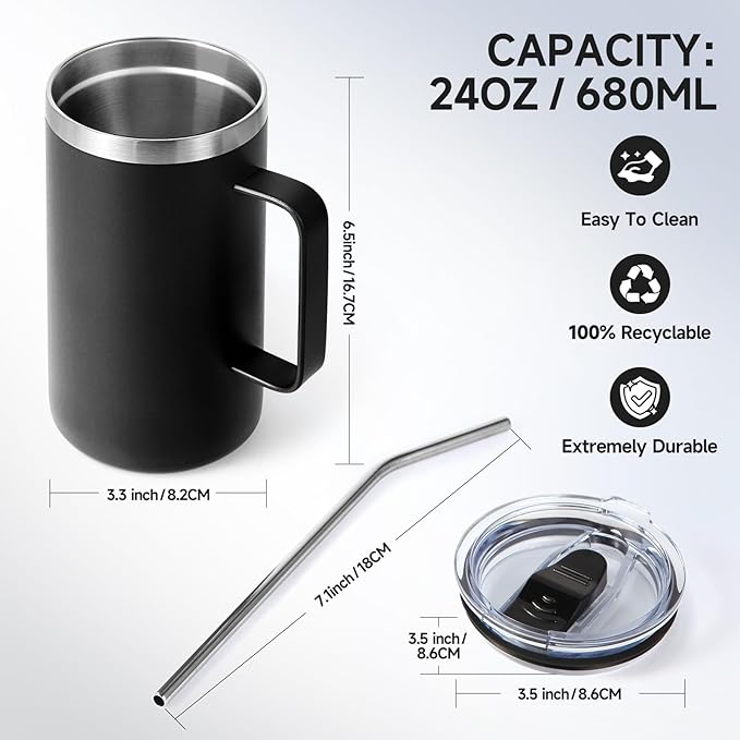 Volhoply 24oz Insulated Coffee Mug with Lid and Straw, Stainless Steel Travel Mugs with Handle, Double Wall Vacuum Leak Proof Coffee Tumbler Cup (Black,1)