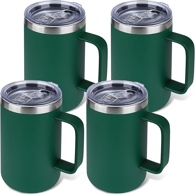 Zynkify 22oz Insulated Coffee Mug with Handle & Leak-Proof Lid - Double Wall Stainless Steel Travel Tumbler Bulk for Commute/Office/Home, Dark Green, 4 Pack