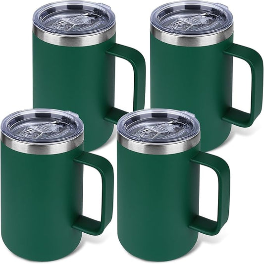 Zynkify 22oz Insulated Coffee Mug with Handle & Leak-Proof Lid - Double Wall Stainless Steel Travel Tumbler Bulk for Commute/Office/Home, Dark Green, 4 Pack