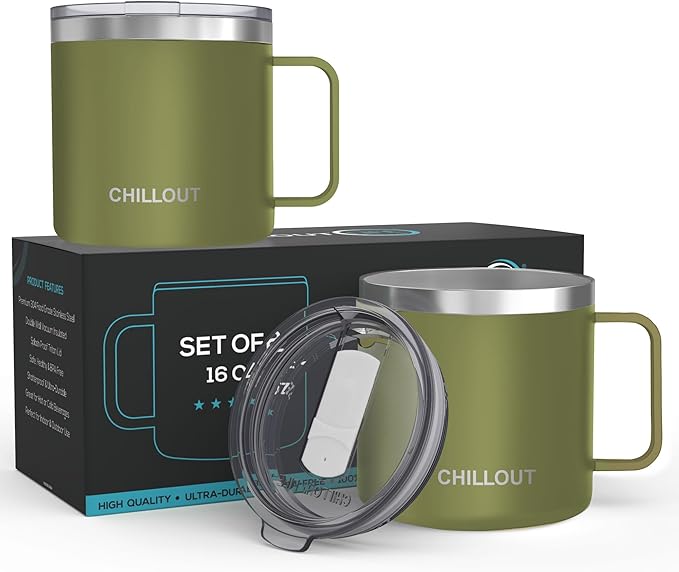 CHILLOUT LIFE Stainless Steel 16 oz (Set of 2) Vacuum Insulated Coffee Mug with Handle and Lid, Large Thermal Camping Coffee Mugs with Sliding Lid for Men & Women