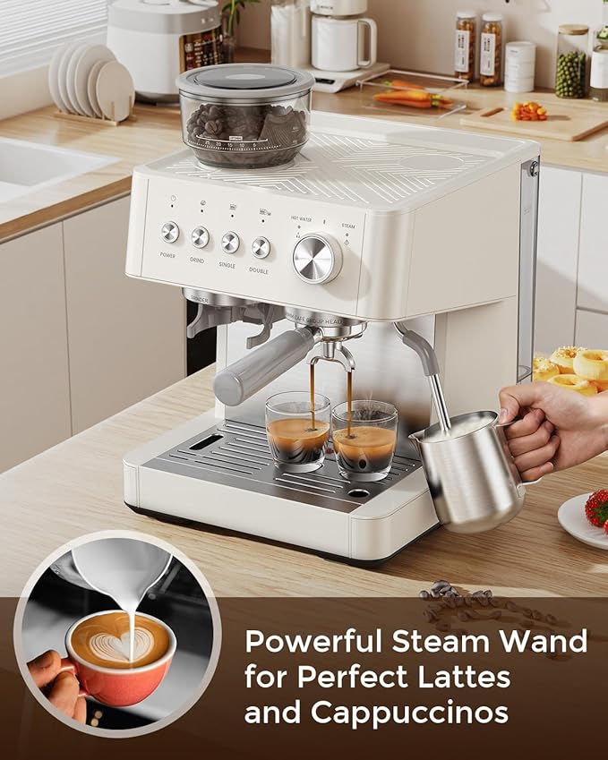20 Bar Espresso Machine with Built-in Anti-Clog Coffee Grinder, Expresso Coffee Machines with Milk Steam Wand/Frother/Tamping Tools,Espresso Maker with Grinder for Lattes-White