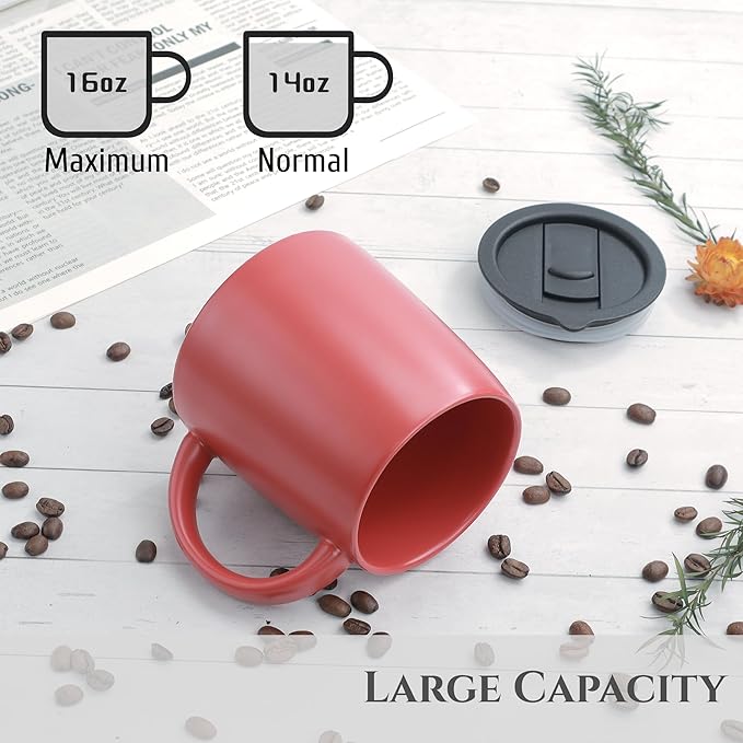 LINVIA Classic Mug, 14 oz Large Coffee Mug with Handle, Ceramic Porcelain Tea Cup, Smooth Matte (Sliding Lid, Red)
