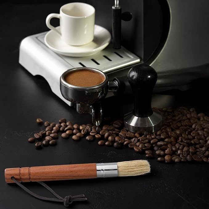 Natural Bristles Coffee Grinder Cleaning Brush with Wood Handle, Espresso Machine Brush Cleaner Tool for Barista Home Kitchen Accessories with Hanging Loop