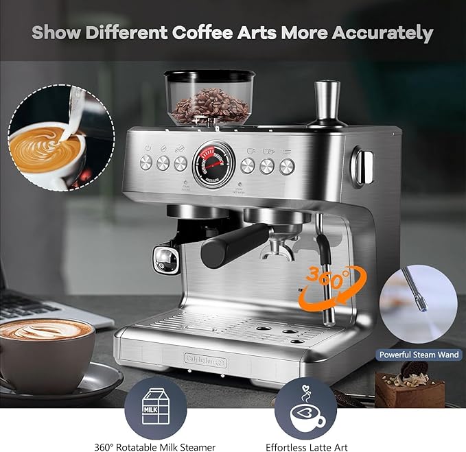 20 Bar Espresso Machine with Grinder & Milk Frother, Coffee and Espresso Maker Combo, All-in-One Espresso Coffee Machine for Cappuccino Latte, 30 Grind Settings, PID Control, 2.8L Removable Water Tank