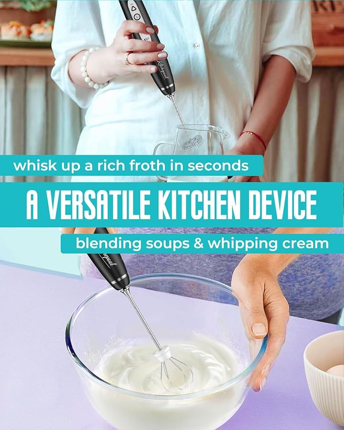 Kitchepool Rechargeable Milk Frother Wand with Stand for Coffee, Electric Whisk with 3 Speed Adjustable, Drink Mixer Handheld for Lattes, Cappuccino, Hot Chocolate, Egg, Dark Black