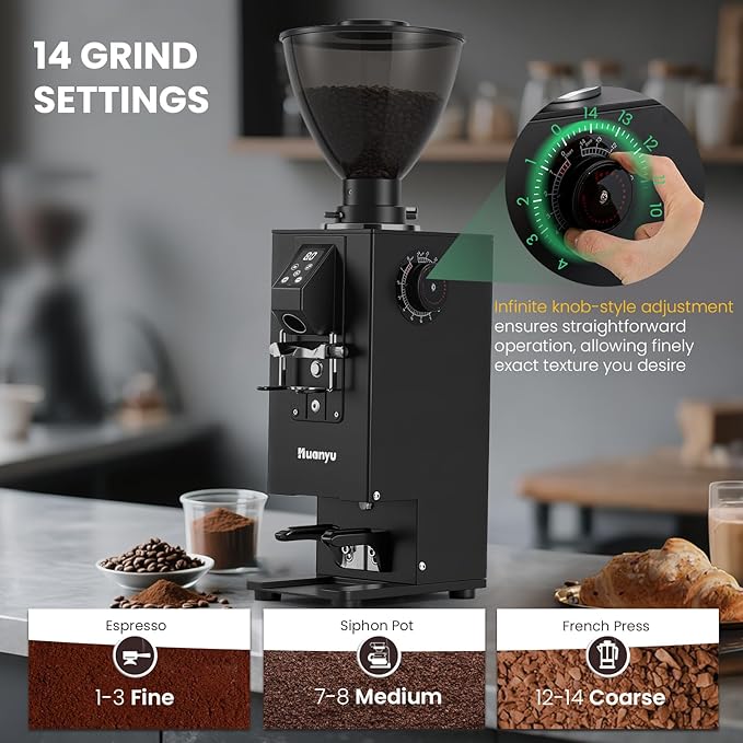 Huanyu Commercial Coffee Grinder, Built-In 58mm Auto Tamper, 64mm Flat Burr, Anti-Flying Grounds Outlet, 35OZ Hopper, 14 Grinding Settings, Smart Buttons for Cafés