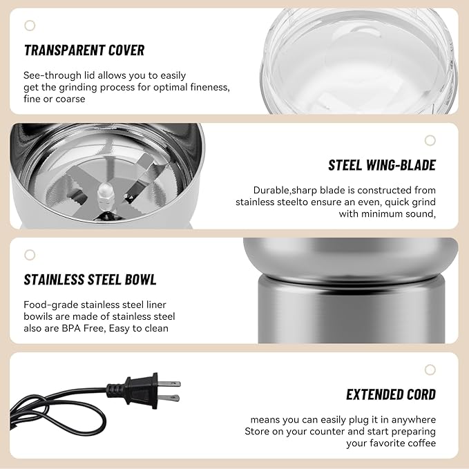Electric Coffee and Spice Grinder featuring Quad-Blade System & Extra-Long Cable, with Clear Lid for Monitoring Grind of Beans and Herbs