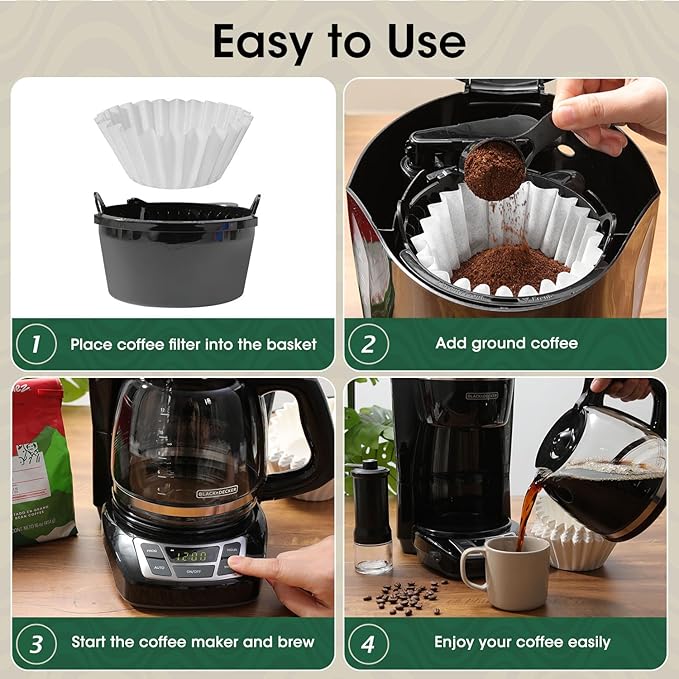 Basket Coffee Filters 8-12 Cup, 200 Count Flat Bottom Paper Filters for Drip Coffee Makers, Compatible with Mr. Coffee, BLACK+DECKER, Cuisinart, White