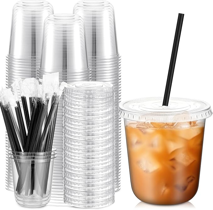 100 Set 12 oz Clear Plastic Cups with Lids and Straws, Disposable Iced Coffee PET Cups for Drinking Cold Beverage Juice Parfait Smoothie Milkshake Coffee Shops Party Supplies