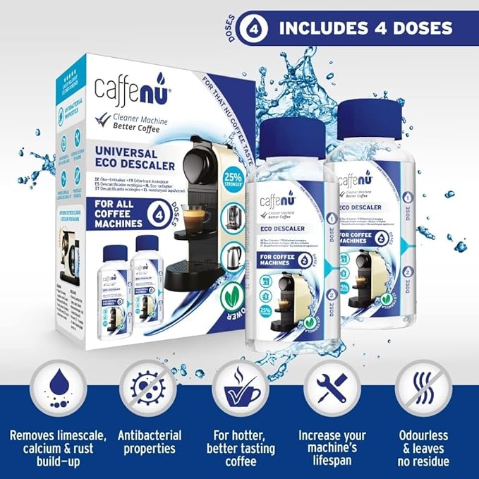 Universal Coffee Machine Descaling Solution. Coffee Machine Descaler Liquid 4 Uses. Descaler Kit. Part of your Barista Accessories Set. Compatible with Nespresso, Phillips, Lavazza, Verismo and More!