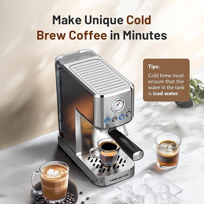 KEENSTAR Espresso Machine 20 Bar, Cold Brew Espresso Maker with Milk Frother Steam Wand, Compact Stainless Steel Semi Automatic Espresso Coffee Machine for Cappuccino & Latte & Americano Maker