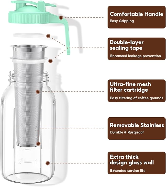 AHOMSEL Cold Brew Coffee Maker Jar - 2 Pack 64 oz Glass Cold Brew Maker with Handle, Stainless Steel Filter & Leak-Proof Lid, Heavy Duty Cold Brew Pitcher for Iced Coffee, Sun Tea, and Milk