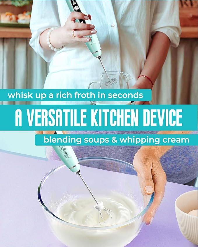 Kitchepool Rechargeable Milk Frother Wand with Stand for Coffee, Electric Whisk with 3 Speed Adjustable, Drink Mixer Handheld for Lattes, Cappuccino, Hot Chocolate, Egg, Light Green
