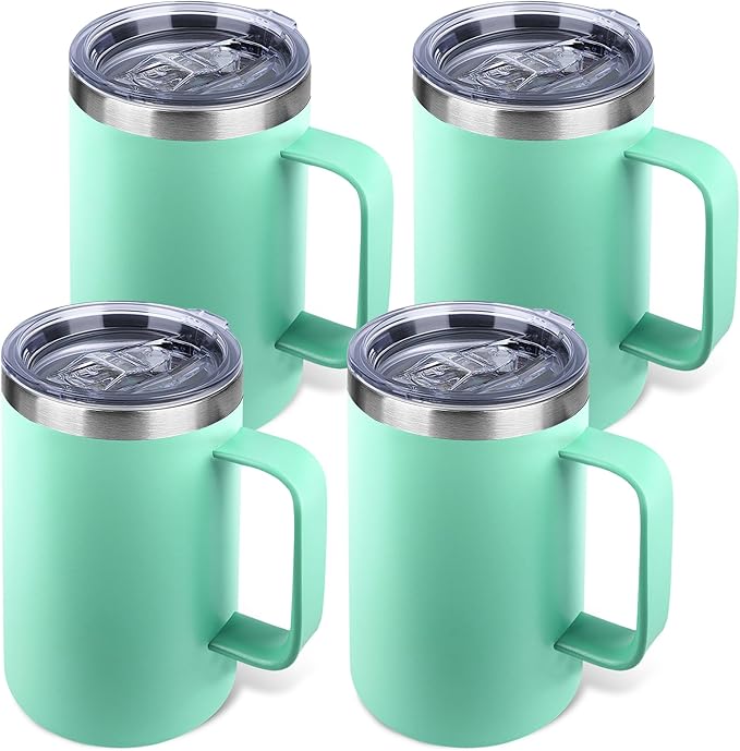 Zynkify 22oz Insulated Coffee Mug with Handle & Leak-Proof Lid - Double Wall Stainless Steel Travel Tumbler Bulk for Commute/Office/Home, Mint Green, 4 Pack
