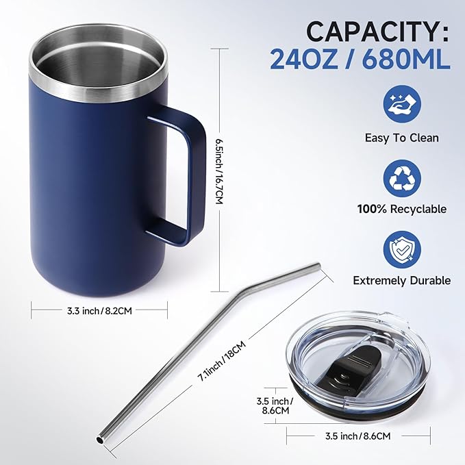 Volhoply 24oz Insulated Coffee Mug with Lid and Straw, Stainless Steel Travel Mugs with Handle, Double Wall Vacuum Leak Proof Coffee Tumbler Cup (Navy,2)