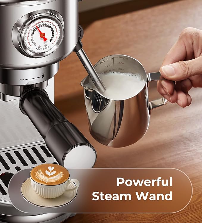 Espresso Machine with Milk Frother, 20 Bar Pressure Espresso Maker, Automatic & Manual, Compact Stainless Steel Coffee Machine for Cappuccino, Latte, Gift for Coffee Lover, Dad or Mom, Silver
