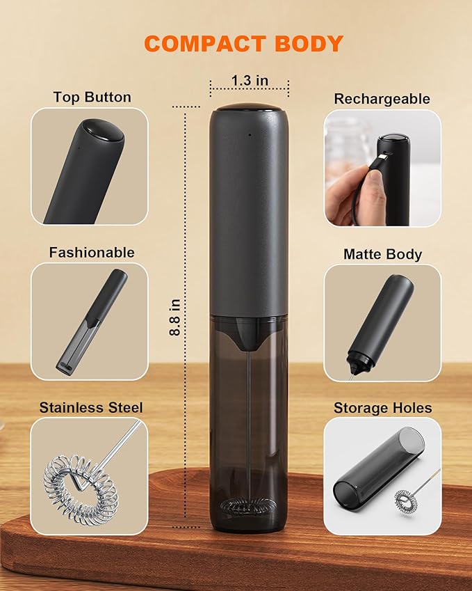 Soenglyun Rechargeable Milk Frother with Cover, Easy to Carry Drink Mixer Handheld, Electric Frother Wand for Coffee, Latte, Cappuccino, Frappe Drink, Hot Chocolate, Black