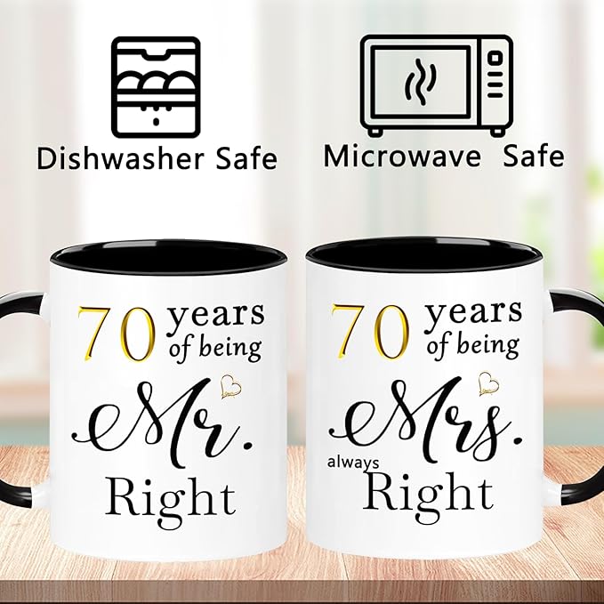 WOSIWULA 70 Year Anniversary Birthday Coffee Mugs Set of 2, 70th Wedding Anniversary Decorations Gifts for Couple Grandparents Parents Women Men Wife Husband Her Him, 70th Birthday Gifts, 11oz