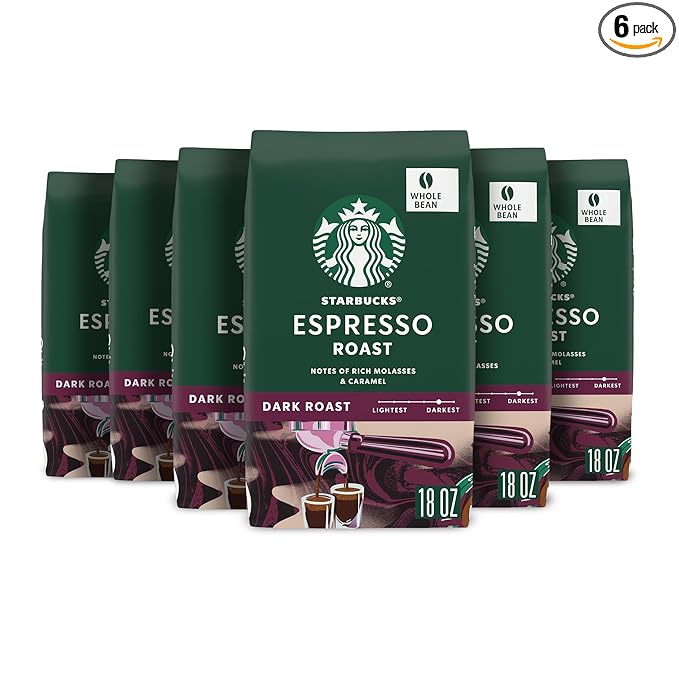 Starbucks Whole Coffee Beans, Dark Roast Hot or Iced Coffee, Espresso Roast, Six 18 oz Bags