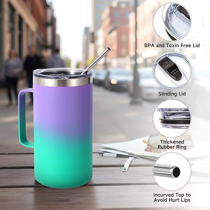 Volhoply 24oz Insulated Coffee Mug with Lid and Straw, Stainless Steel Travel Mugs with Handle, Double Wall Vacuum Leak Proof Coffee Tumbler Cup (Purple Green,1)