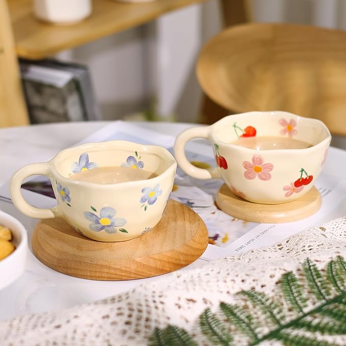 MAKCNMYM Ceramic Coffee Mug Set of 2 Vintage Flower Mugs 8 oz Cute Floral Coffee Mugs Irregular Latte Art Cup Lead-free Porcelain Cups for Cappuccino, Cocoa (Pink Cherry and Blue Flower)