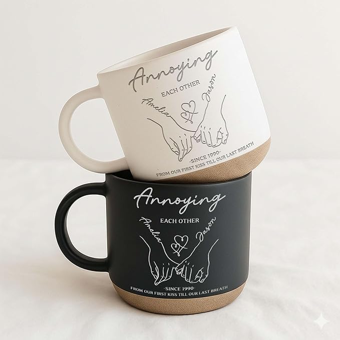 Personalized Annoying Each Other Pottery Mug 12oz, Funny Couple Line Art Coffee Mug, Custom Names Since Year, Wedding & Anniversary for Husband Wife Couple
