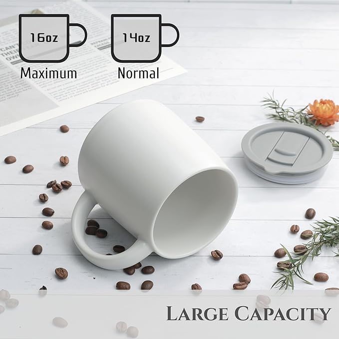 LINVIA Classic Mug, 14 oz Large Coffee Mug with Handle, Ceramic Porcelain Tea Cup, Smooth Matte (Sliding Lid, White)