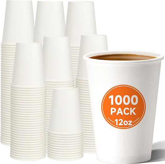 12 oz Disposable Paper Coffee Cups [1000 Pack], White Hot Paper Cups, Thickened Design for Bistros, Parties, and Events