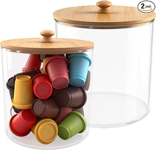 yaenoei 2 Pack Coffee Pod Holder with Bamboo Lid, Clear Coffee Pods Storage Basket Large Capacity K Cup Holder for Kitchen Countertop, Coffee Filter Holder, Cafe Bar Organizer, Office Desktop