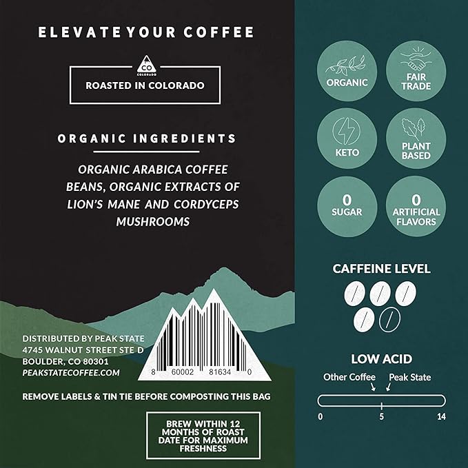 Organic Decaf Coffee Beans – Calm Descent Swiss Water Process Decaf with Lion’s Mane & Cordyceps – Mushroom Coffee Decaf, Organic, Mold-Free, Pesticide-Free, Non-GMO, Low-Acid (12 oz Whole Bean – $1.13/cup)