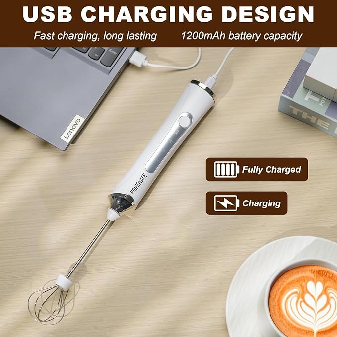 Rechargable Milk Frother, Handheld Drink Mixer with Whisk Attachment, 2025 upgraded powerfull 3 speed motor, Type C charging with charge light, with extra egg mix head (White without Stand)